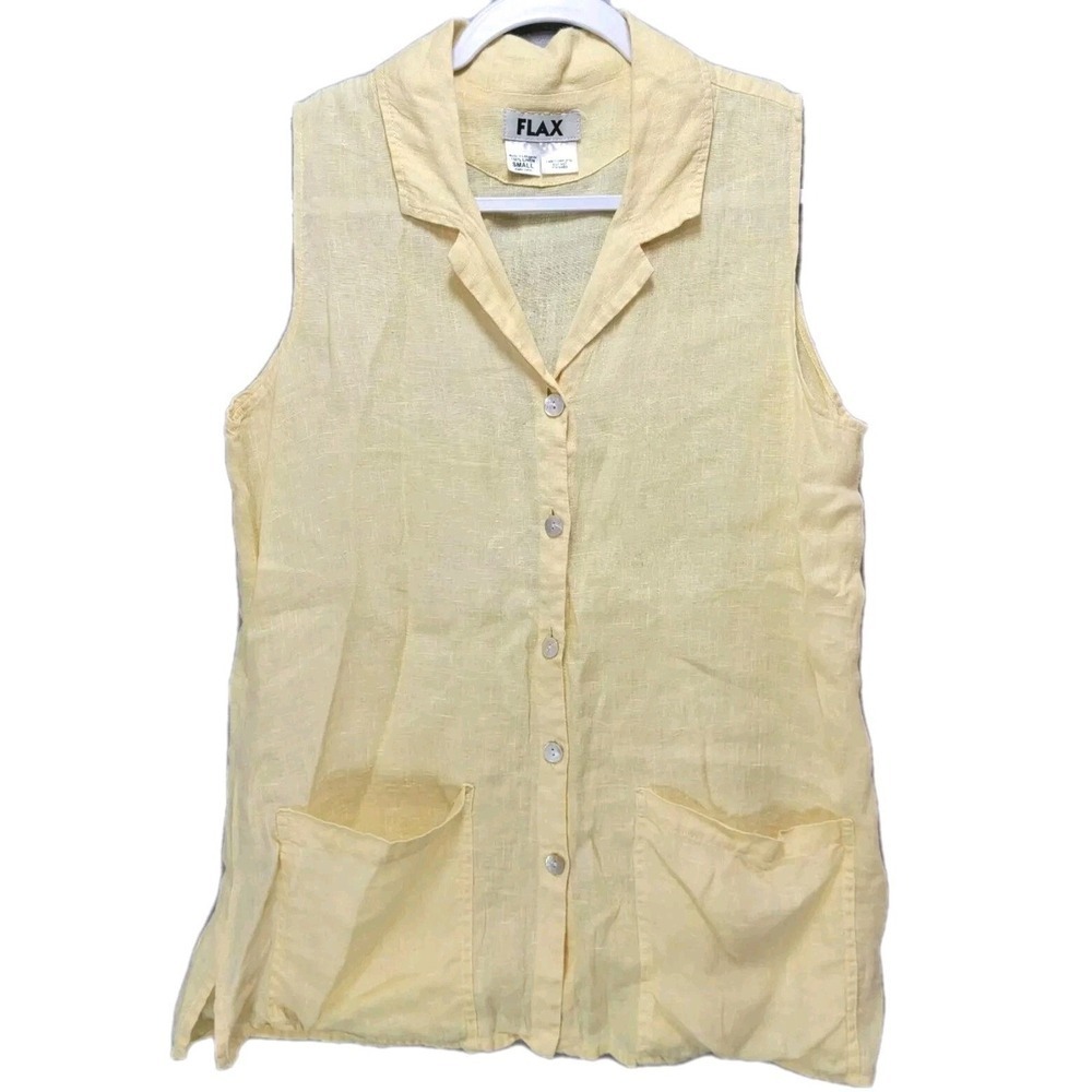 Flax Linen Tunic Top Women S Button Collar Pockets Yellow Quiet Luxury Lagenlook - Picture 2 of 14